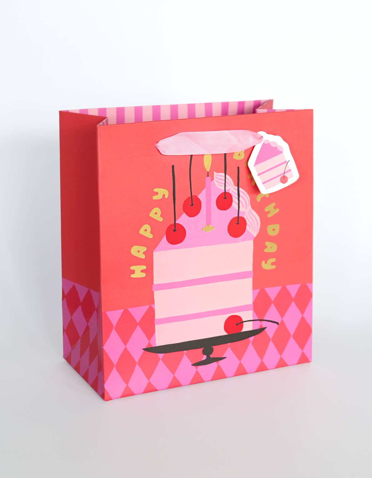 Cherry birthday cake print gift bag with grosgrain handles