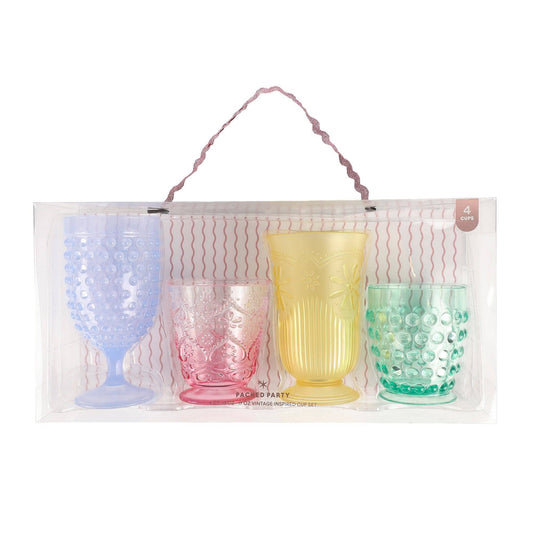 Pastel plastic cups with hobnail, faceted, and fluted textures.