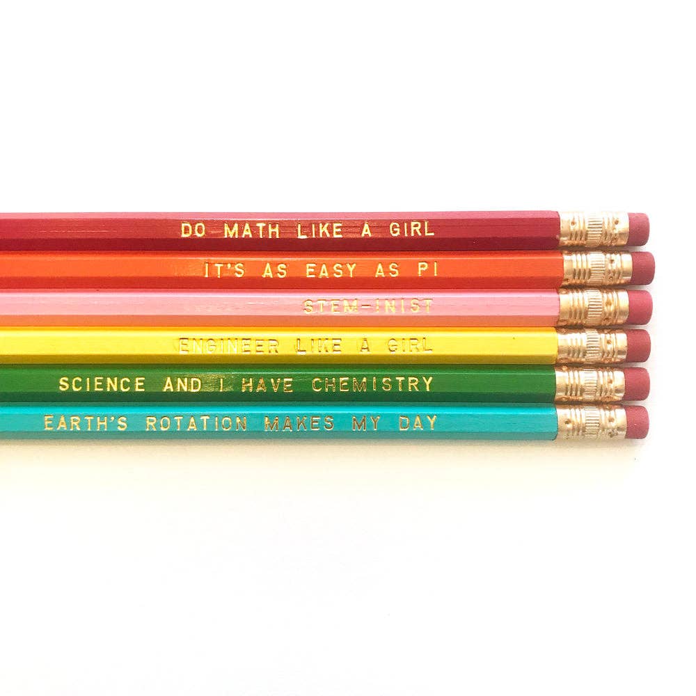 ‘Girls in STEM’ pack of six assorted-color pencils with gold foil sayings