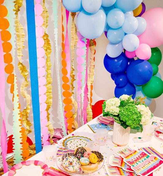 Bold multicolor crepe paper streamers, lightweight and reusable.