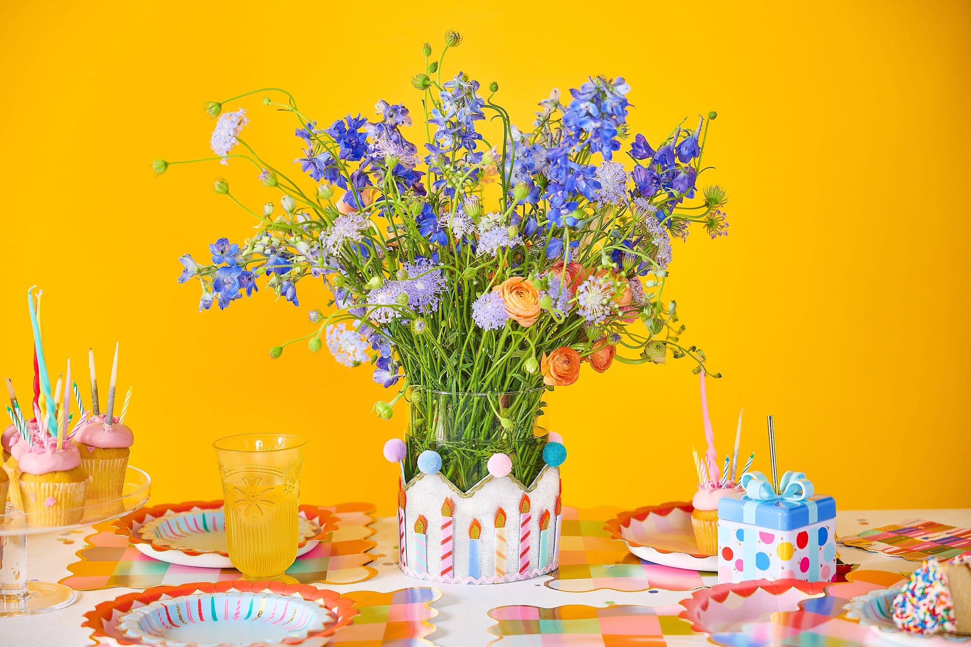 Reusable party crown with candle-shaped felt accents.