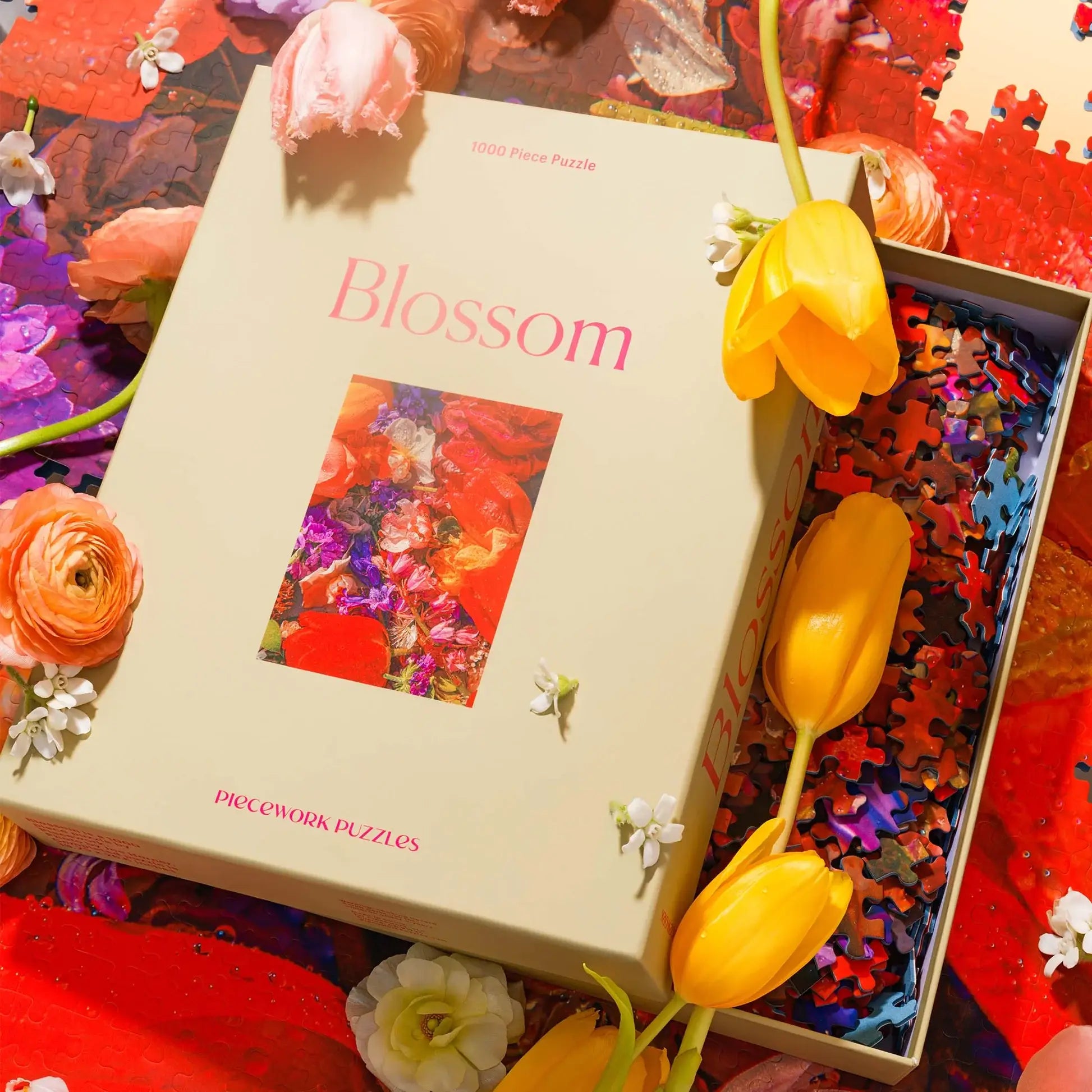 The assembled Blossom floral jigsaw puzzle displayed on a table.