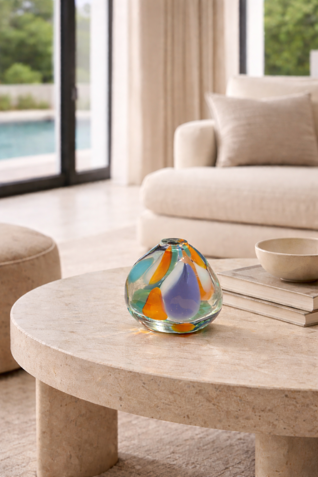 Clear recycled-glass bud vase with loose strokes of color, against a plain background.