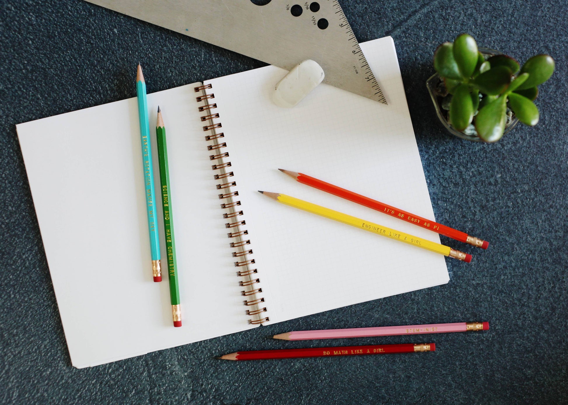 An open white spiral notebook on a dark textured surface, surrounded by colored pencils, a metal ruler, a small succulent plant, and a white eraser.