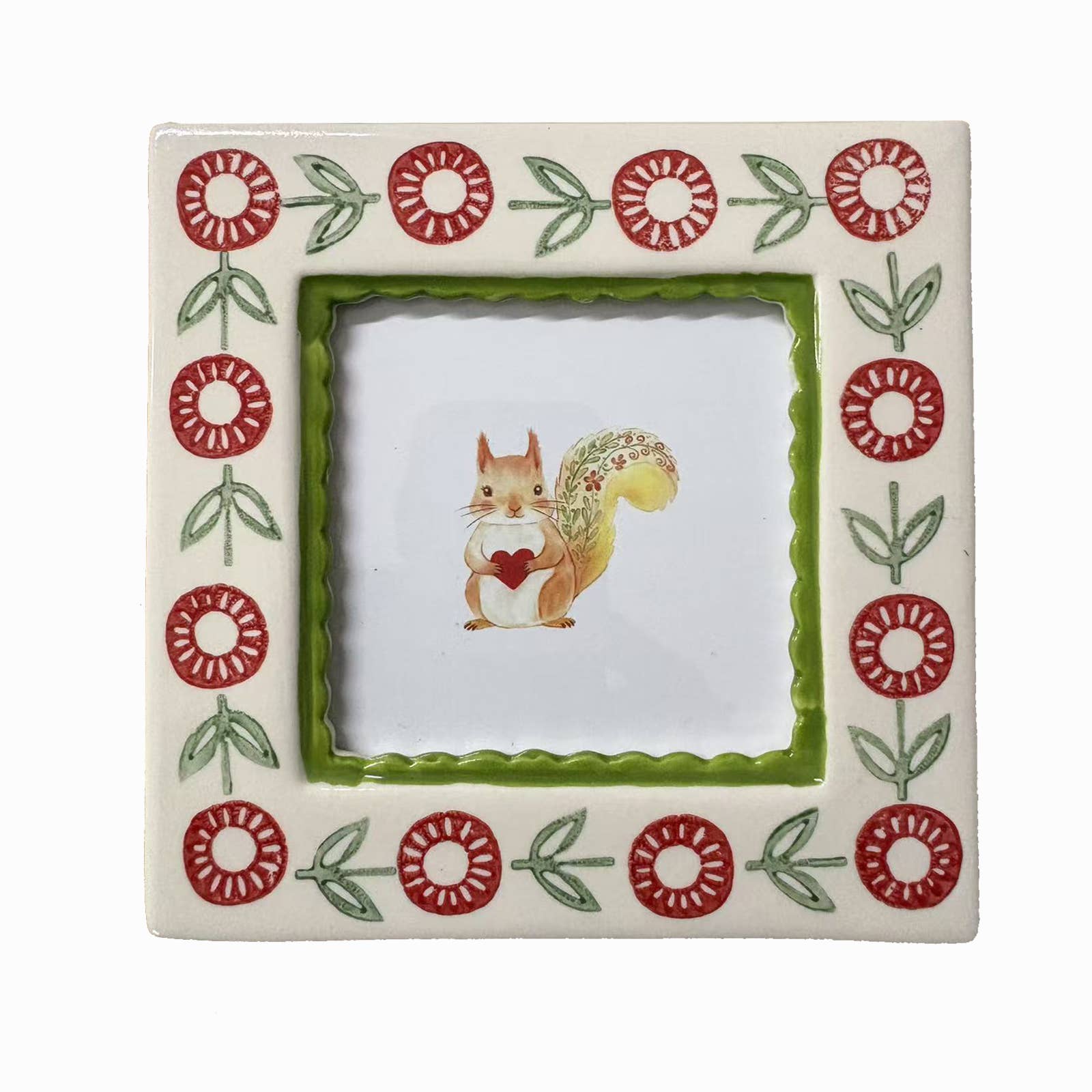 Square hand-painted ceramic photo frame with a green border and a small red-and-green floral pattern.