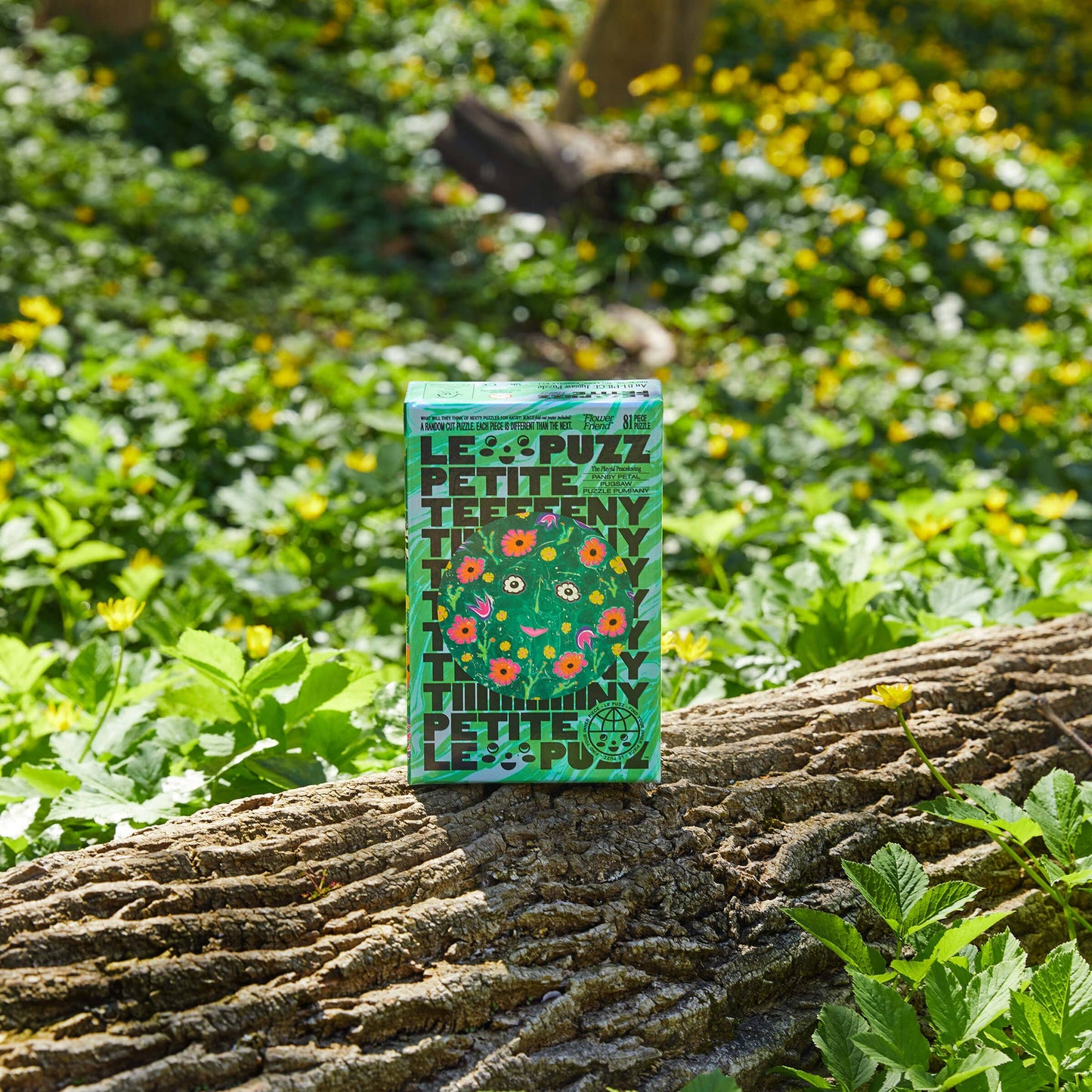 Puzzle box on a wooden log in nature. 