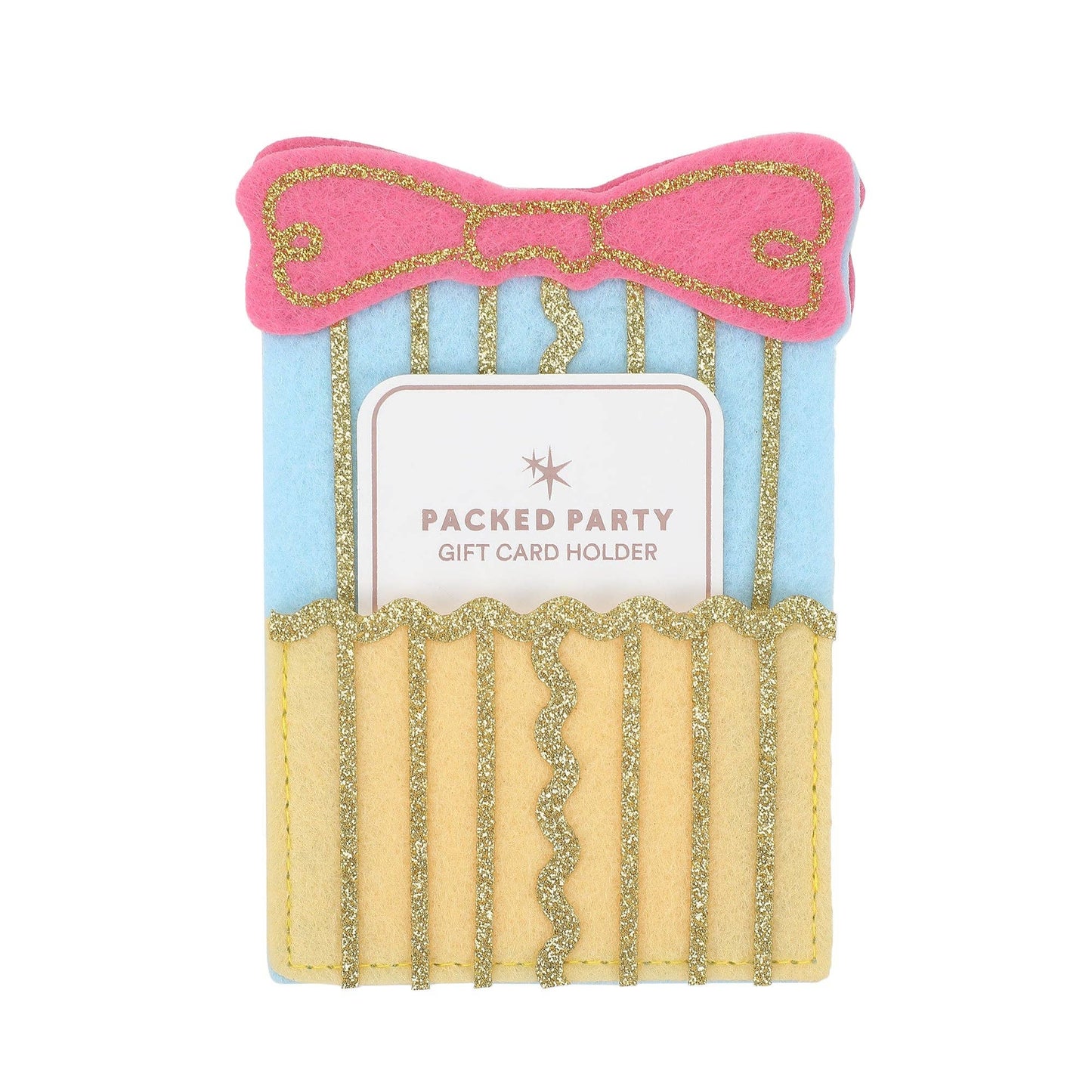 Felt gift card holder shaped like a wrapped present with a pink bow on top.