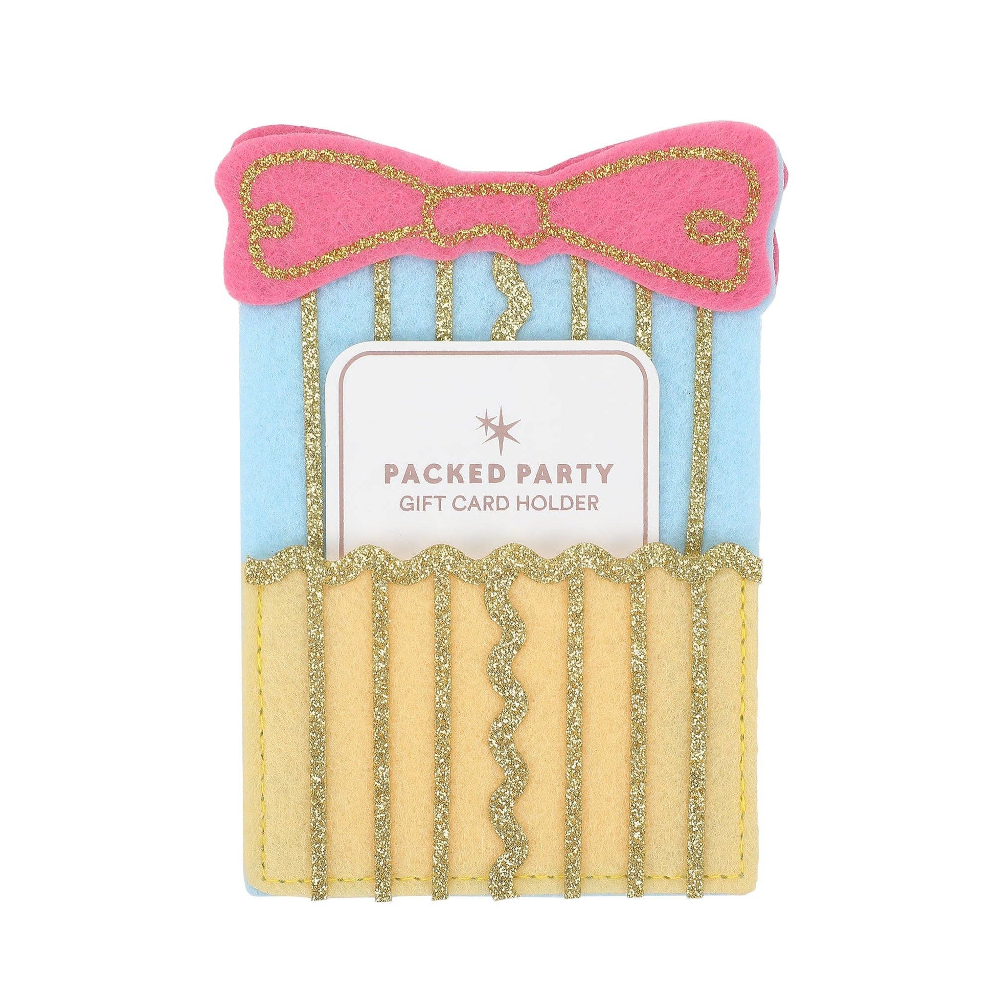 Felt gift card holder shaped like a wrapped present with a pink bow on top.