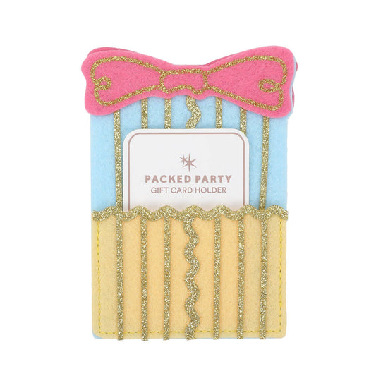 Felt gift card holder shaped like a wrapped present with a pink bow on top.