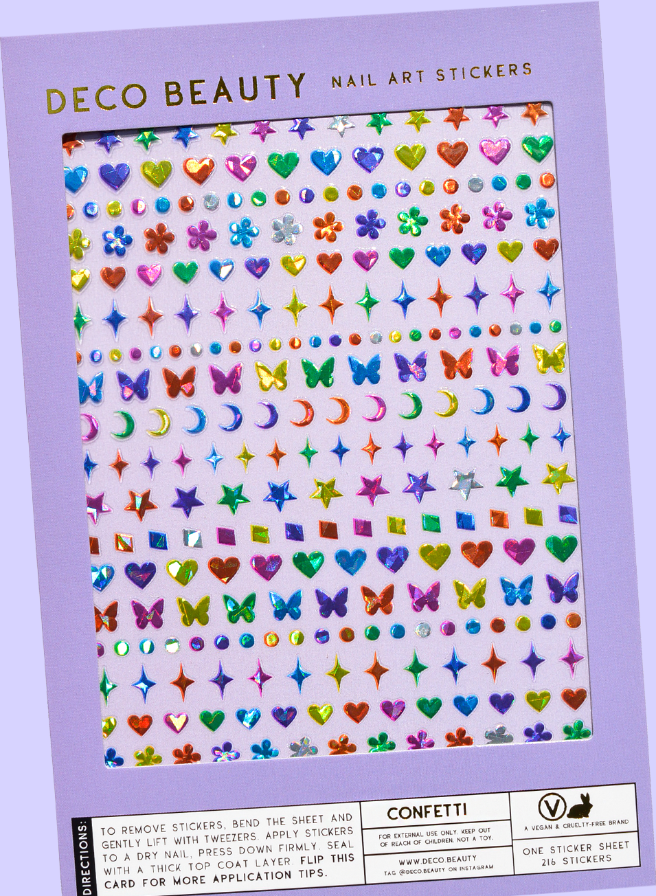 Confetti nail art sticker sheet with holographic hearts, moons, and diamonds