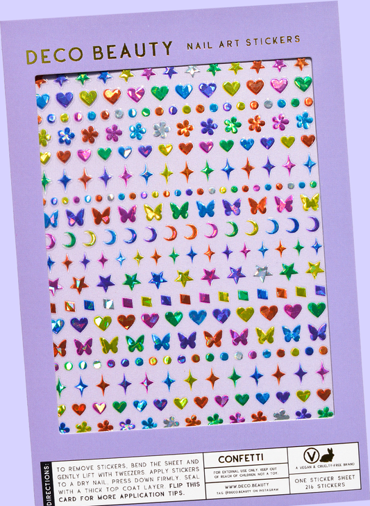 Confetti nail art sticker sheet with holographic hearts, moons, and diamonds