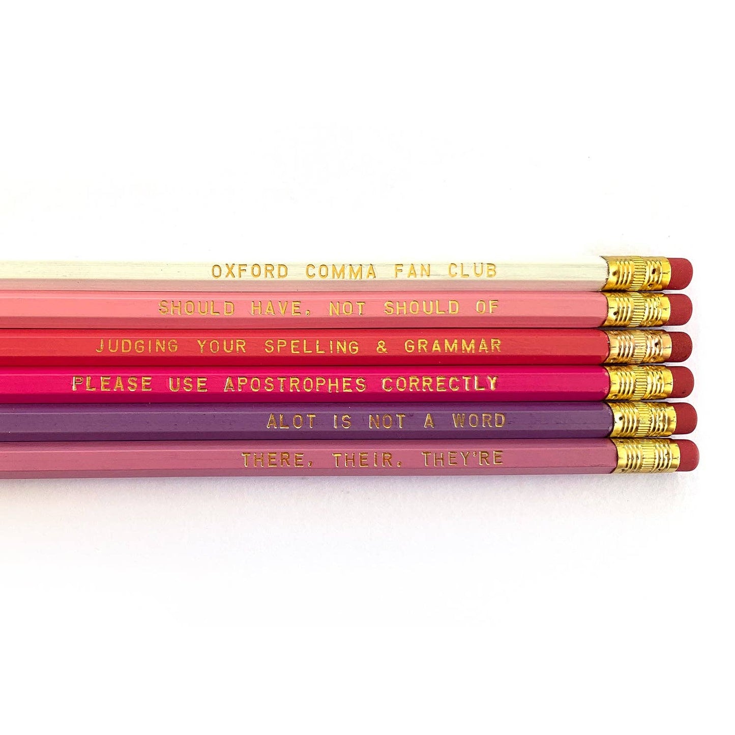 ‘Grammar’ pack of six assorted-color pencils with gold foil sayings