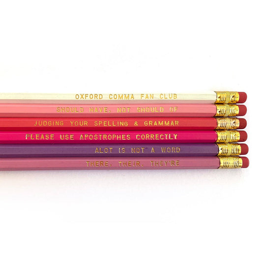 ‘Grammar’ pack of six assorted-color pencils with gold foil sayings