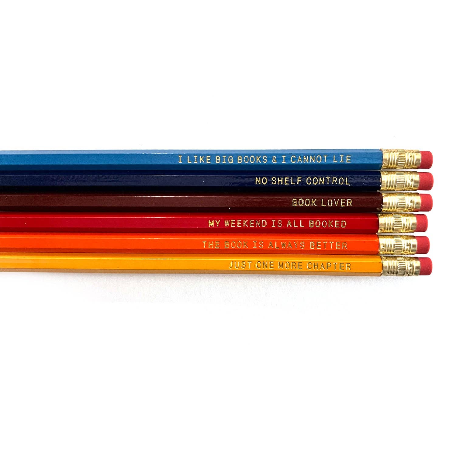 ‘Book Lover’ pack of six assorted-color pencils with gold foil sayings
