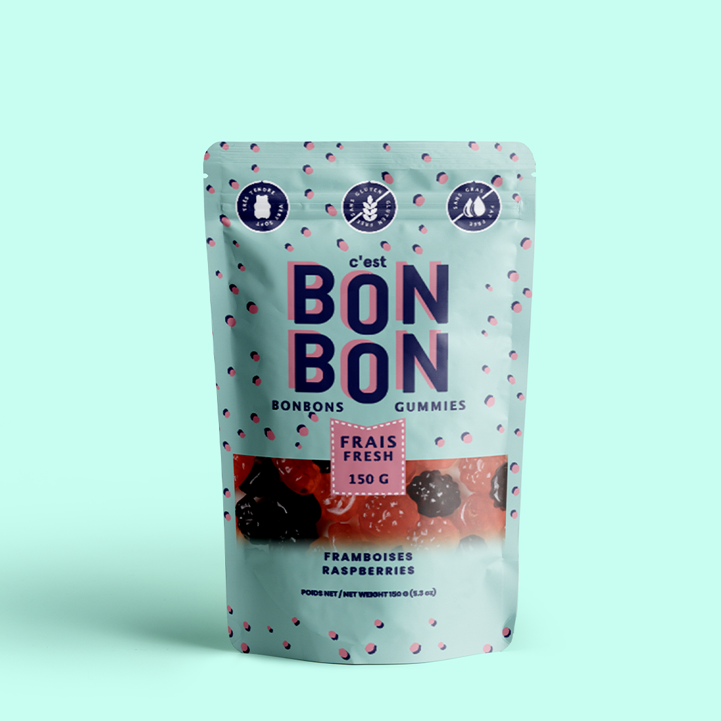 Packaging of Bon Bon Gummies with raspberry flavor on a light blue background