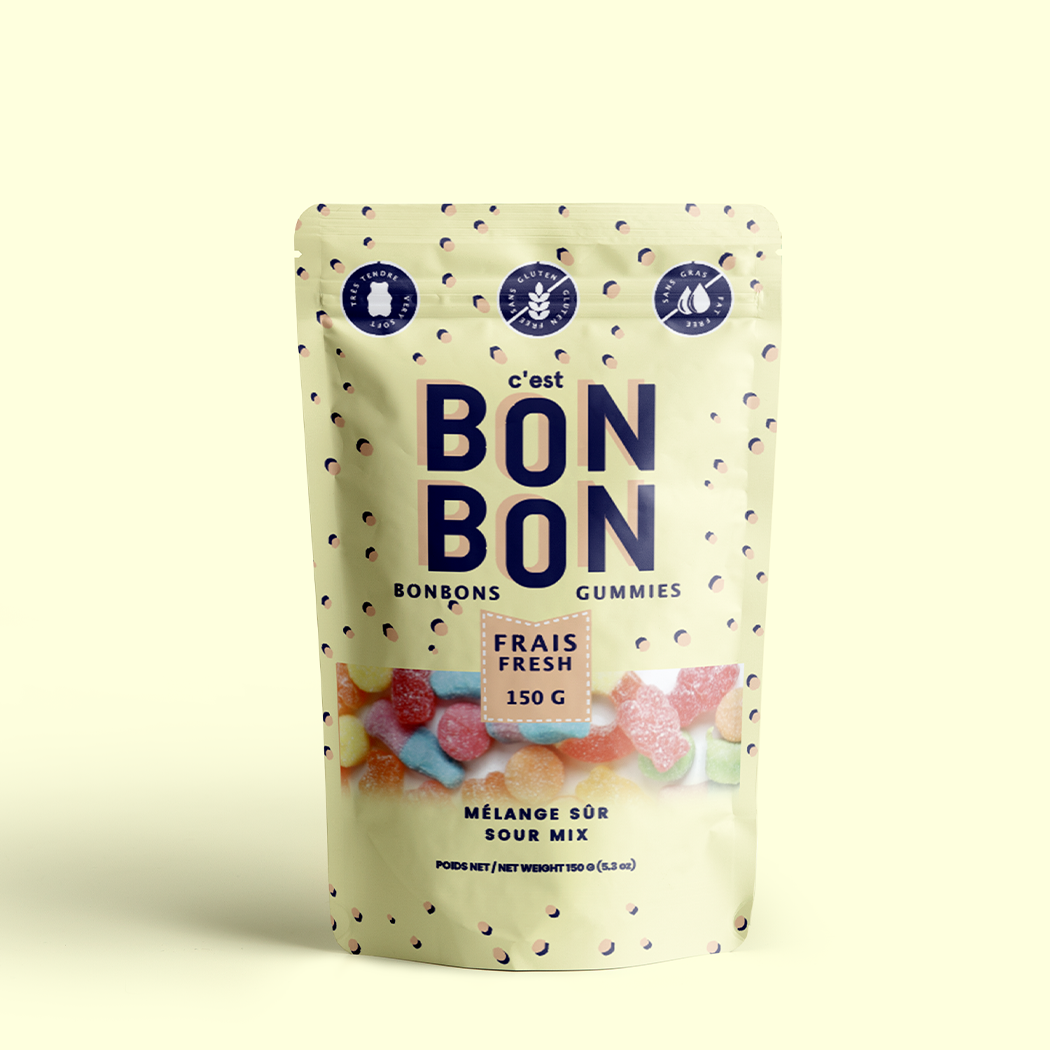 Packaging of Bon Bon gummies with a light yellow background