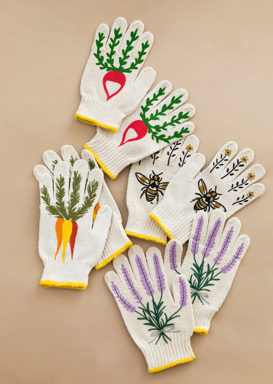 A pair of screen-printed cotton gardening gloves with a dotted grip palm.