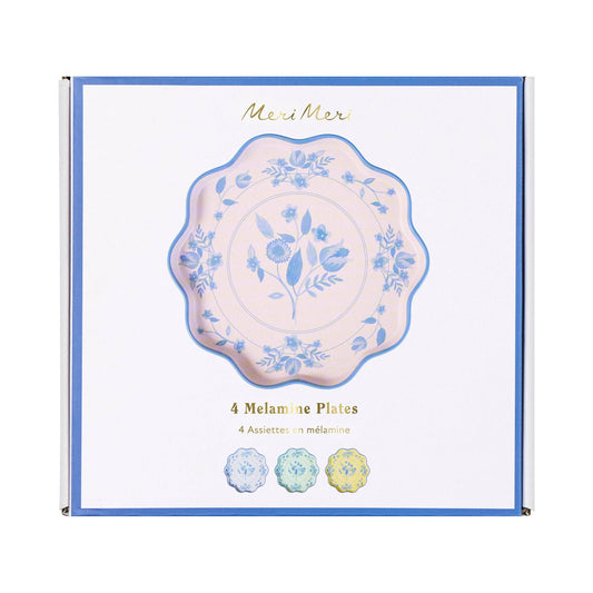 Reusable melamine botanical plates in four pastel colors