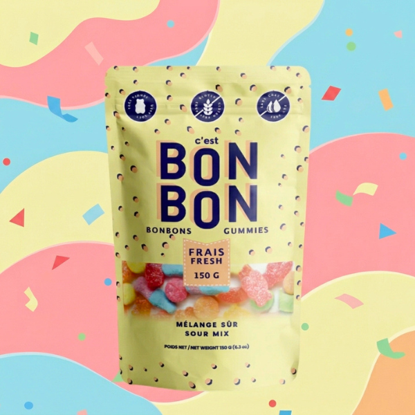 Packaging of Bon Bon gummies on a colorful abstract background