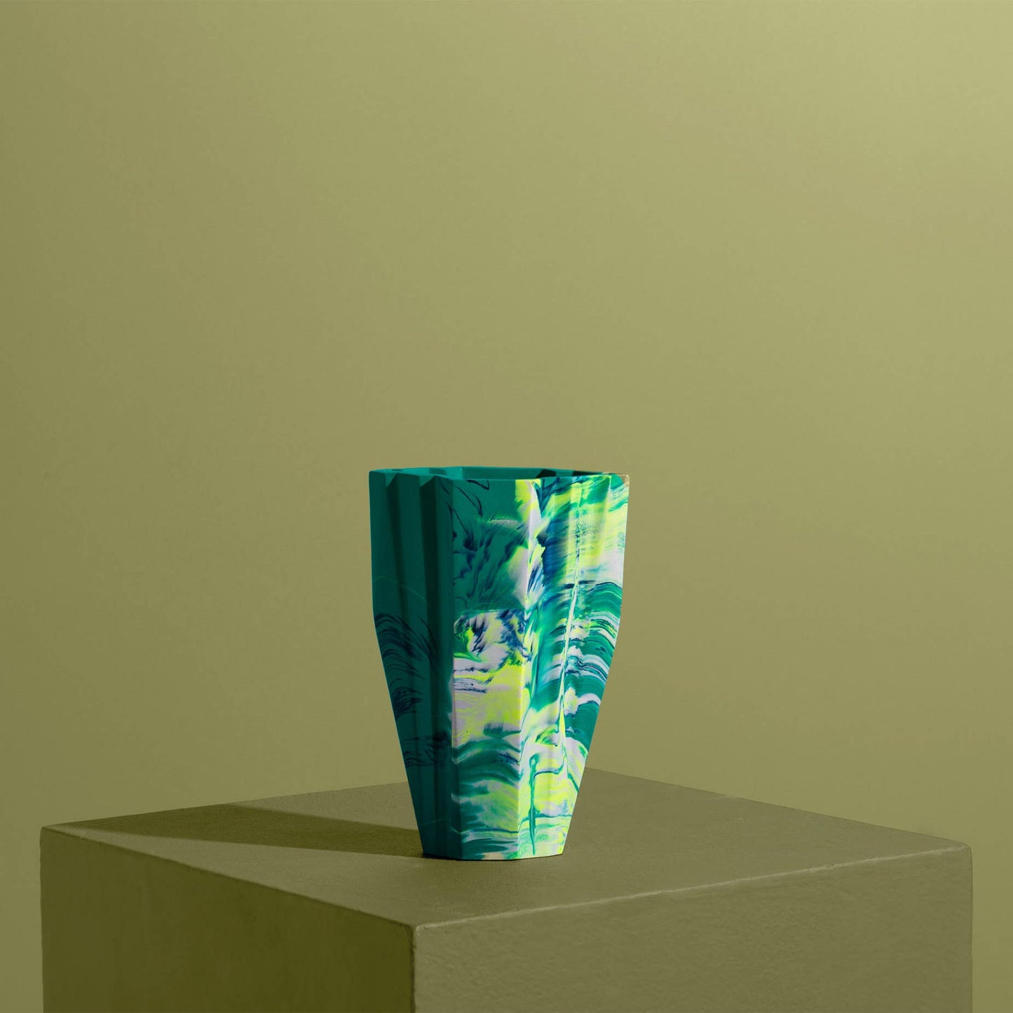 Small Deco Vase, Marbled in Emerald Green & Yellow