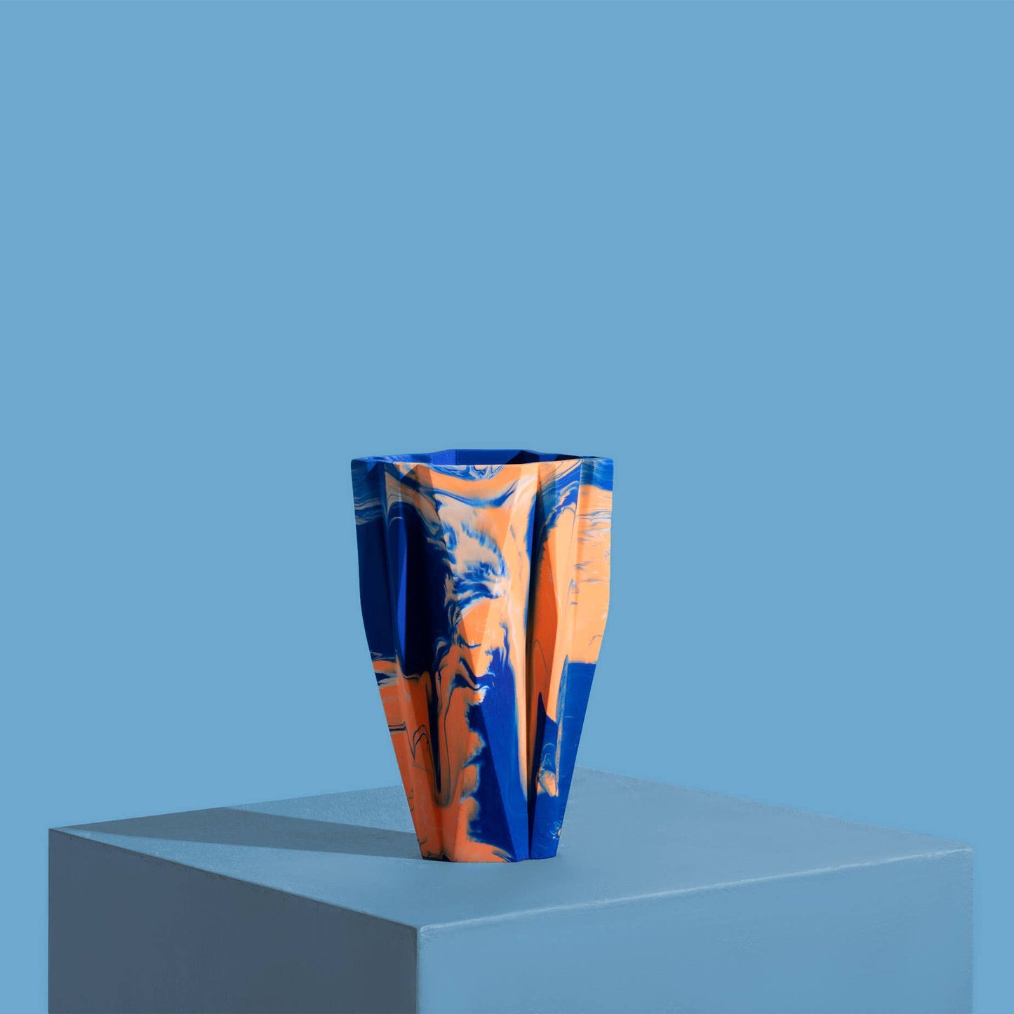 Small Deco Vase, Marbled in Cobalt Blue & Orange