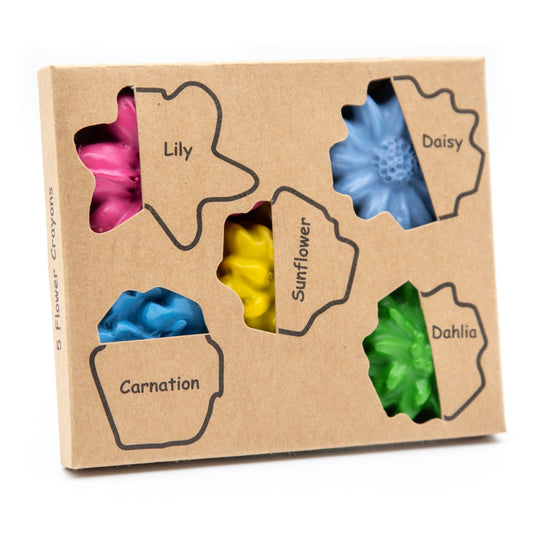 Colored crayon flowers packaged in a plastic-free Kraft box
